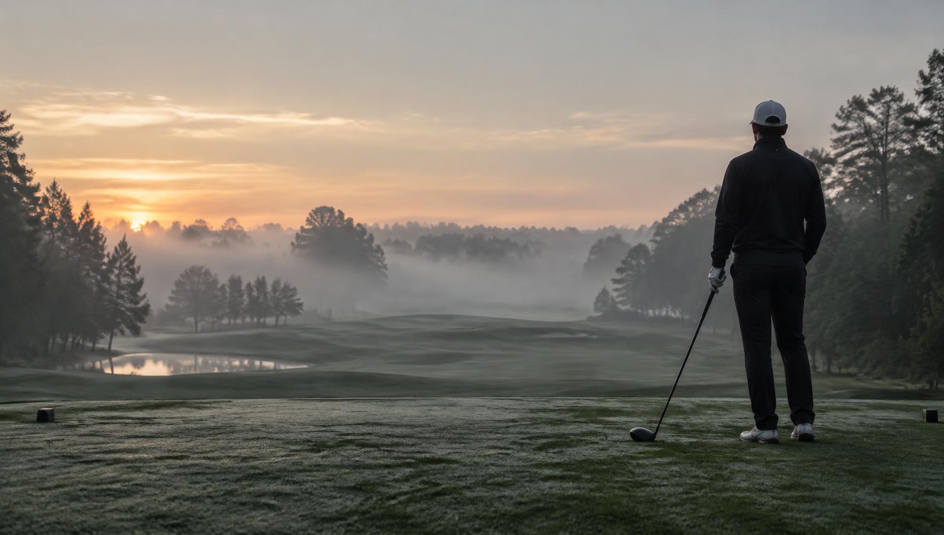 Golfeur de dos sur un départ embrumé, regardant le fairway au lever du jour